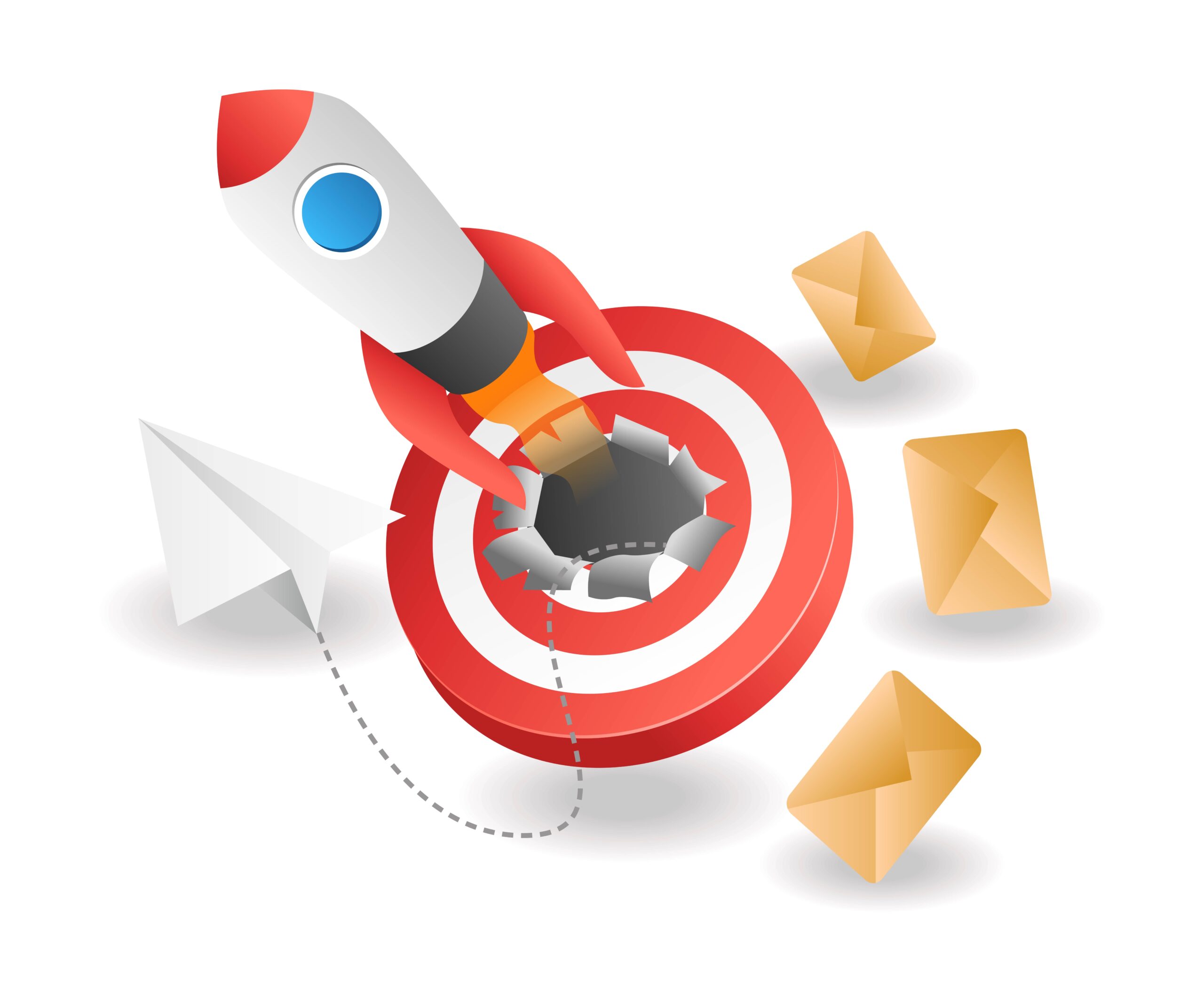 flat isometric illustration concept. rocket launch digital email marketing strategy
